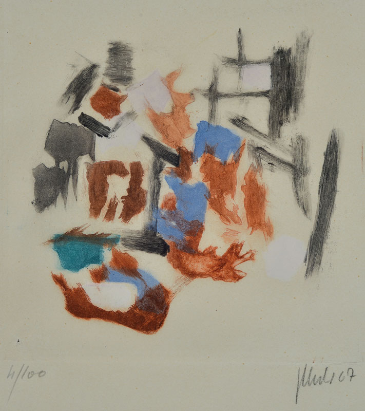 Fritz Winter, 1905-1976, Farbradierung, handsigniert und nummeriert 4/100, Platte ca. 19x18 cm, Blattgr. ca. 56,5x38 cm, unter Glas gerahmt