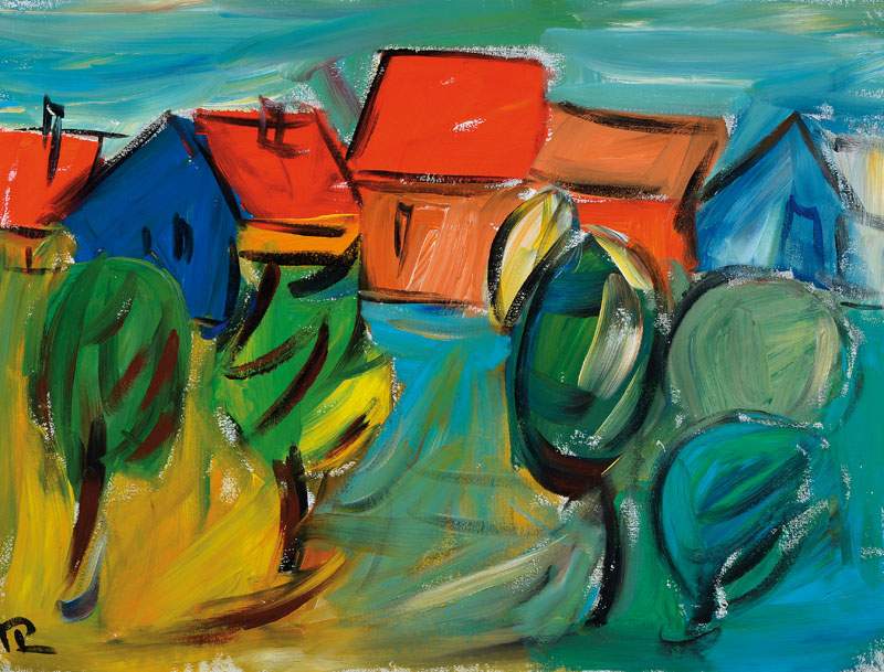 Hartmut Ritzerfeld, geb. 1950 Stolberg, Studium an der Akademie Düsseldorf bei Joseph Beuys und Kneidl, hier: Eifeldorf am Abend, Acryl/Lwd, ...