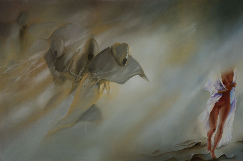 Wolfgang Blanke, geb. 1948 Münster, Die Mission, rückseitig betitelt, Öl/Hartfaser, ca. 60x90 cm, Rahmen