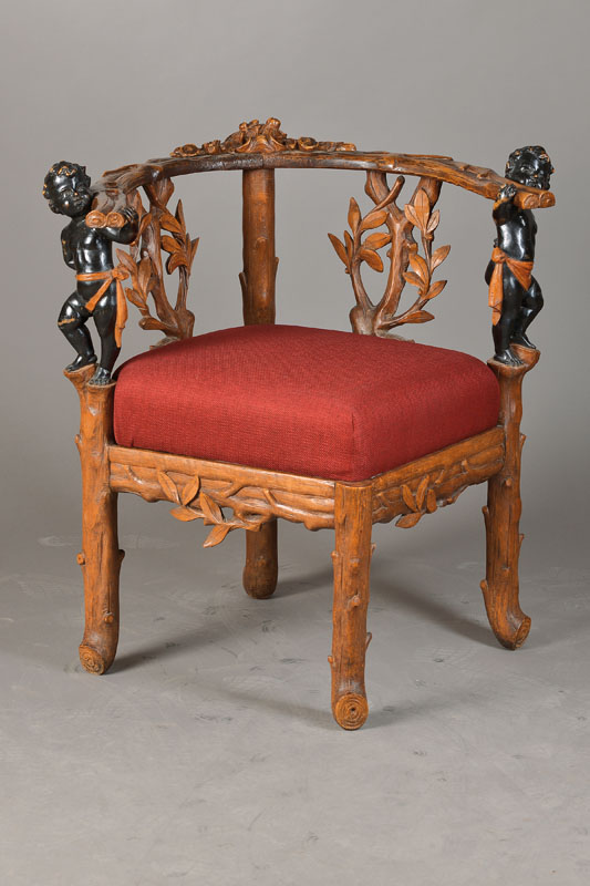 Stuhl, wohl süddeutsch um 1880-1900, sog. Naturalismus-Möbel im Rokoko-Stil, z.T. vollplastisches Geäst mit geschwärzten Puttihermen, kurios, neu ...