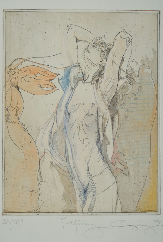 Jürgen Görg, geb. 1951 Dernbach, Tuchfühlung, Radierung, handsigniert und nummeriert 33/100, datiert 86/87, betitelt, Platte ca. 32x25 cm, PP, ...