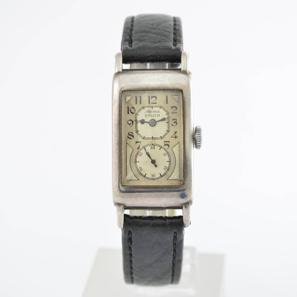 ALPINA/GRUEN seltene Herrenarmbanduhr sog. Doctors-Watch, Schweiz um 1935, rechteckiges 935/000 Silbergeh., M. m. Bandanstößen ca. 44 x 20 mm, ...