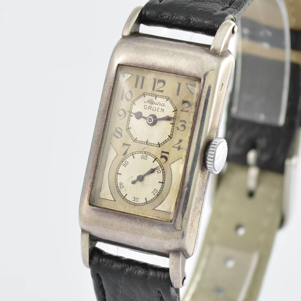 Detail a: ALPINA/GRUEN seltene Herrenarmbanduhr sog. Doctors-Watch, Schweiz um 1935, rechteckiges 935/000 Silbergeh., M. m. Bandanstößen ca. 44 x 20 mm, ...