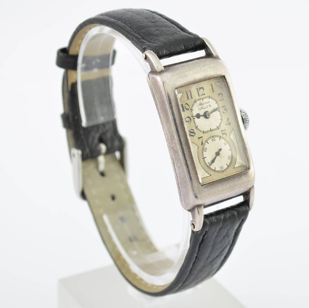 Detail b: ALPINA/GRUEN seltene Herrenarmbanduhr sog. Doctors-Watch, Schweiz um 1935, rechteckiges 935/000 Silbergeh., M. m. Bandanstößen ca. 44 x 20 mm, ...