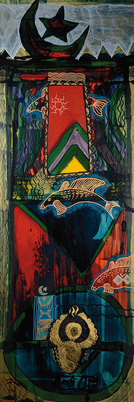 Zaki Al Maboren, zeitgenössischer Künstler, Mischtechnik auf Malkarton, rückseitig signiert und betitelt, ca. 104x38 cm, Rahmen