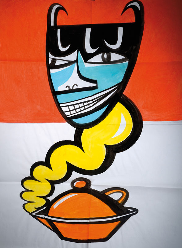 Jim Avignon, geb. 1966, Mischtechnik Papier, Kochtopfgeist, 2010, mit Bugfalten, unsigniert, Blattgr. ca. 120,5x90,5 cm