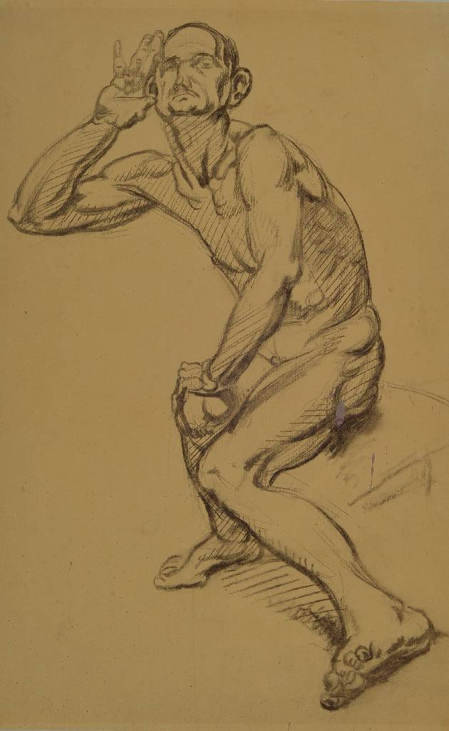 Max Ackermann, 1887-1975, Kohlezeichnung auf Velin, Männlicher Akt horchend, an den Ecken fest montiert auf Velin, Unikat, 1917 gezeichnet, verso ...