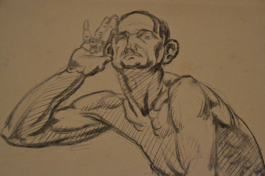 Detail b: Max Ackermann, 1887-1975, Kohlezeichnung auf Velin, Männlicher Akt horchend, an den Ecken fest montiert auf Velin, Unikat, 1917 gezeichnet, verso ...