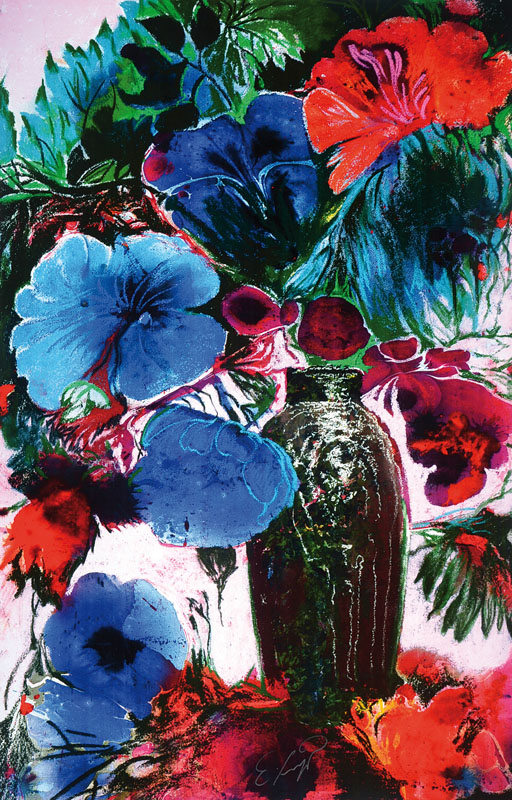 Ernst Fuchs, geb. 1930 Wien, Giclee auf Leinwand, "Große blaue Blüten", handsigniert und nummeriert 297/300, Blattgr. ca. 91 x 61 cm, ...
