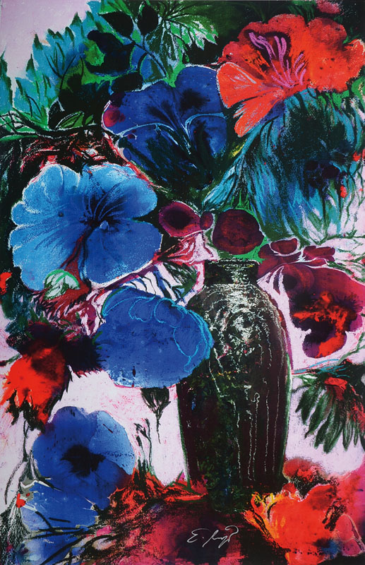 Ernst Fuchs, geb. 1930 Wien, Giclee auf Leinwand, "Große blaue Blüten", handsigniert und nummeriert 296/300, Blattgr. ca. 92,5x61 cm, ...
