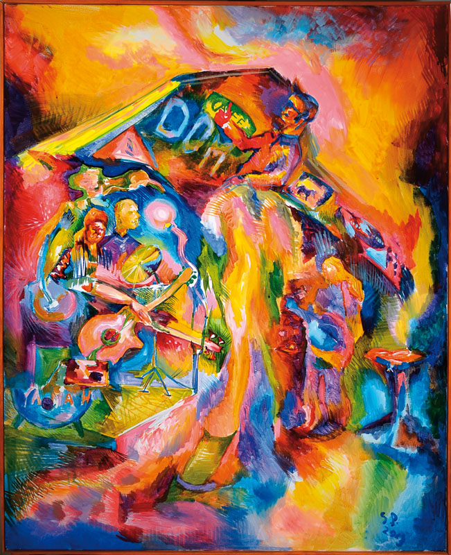 Unbekannter Monogrammist SP, Rock Konzert, Öl/Lwd, monogrammiert und datiert 2013, ca. 100x80 cm, Ausstellungsleisten