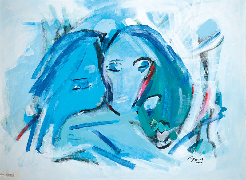 G. Woch, deutscher zeitgenössischer Künstler, abstrakte Komposition, Acryl/Lwd, rechts unten signiert und datiert 1995, ca. 60x80 cm, Rahmen, ehem. ...