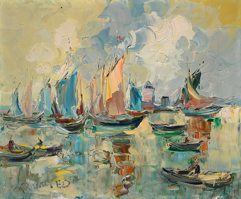 Walter Prescher van Ed, 1916 Dresden - 1988 Wiesbaden, Studium an der Akademie Dresden, hier: Bei St. Tropez am Abend, Öl/Lwd, links unten signiert, ...