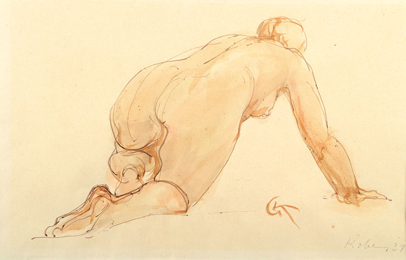 Georg Kolbe, 1877 Waldheim in Sachsen-1947 Berlin, knieender Rückenakt, aquarellierte Tuschzeichnung, monogrammiert GK, ca. 18x28cm,unter Glas, ...