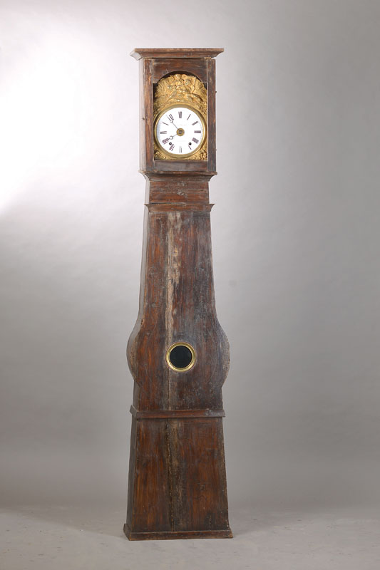 Standuhr, Frankreich um 1850/60, Weichholzgehäuse, Violinform, stark spannungsrissig u. Reste alten Wurmbefalls, Füsse abgenommen, Uhr Comtoise, ...