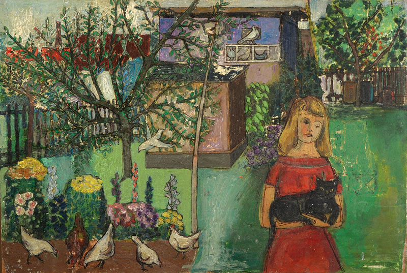 Detail a: Drei Arbeiten von Charlotte Rödel-Voss, Komposition mit Schachtelhalm-Gewächsen, Öl/Platte, ca. 28x53cm; Frau mit Säbel, Öl/Platte, ca. 43x35cm; ...
