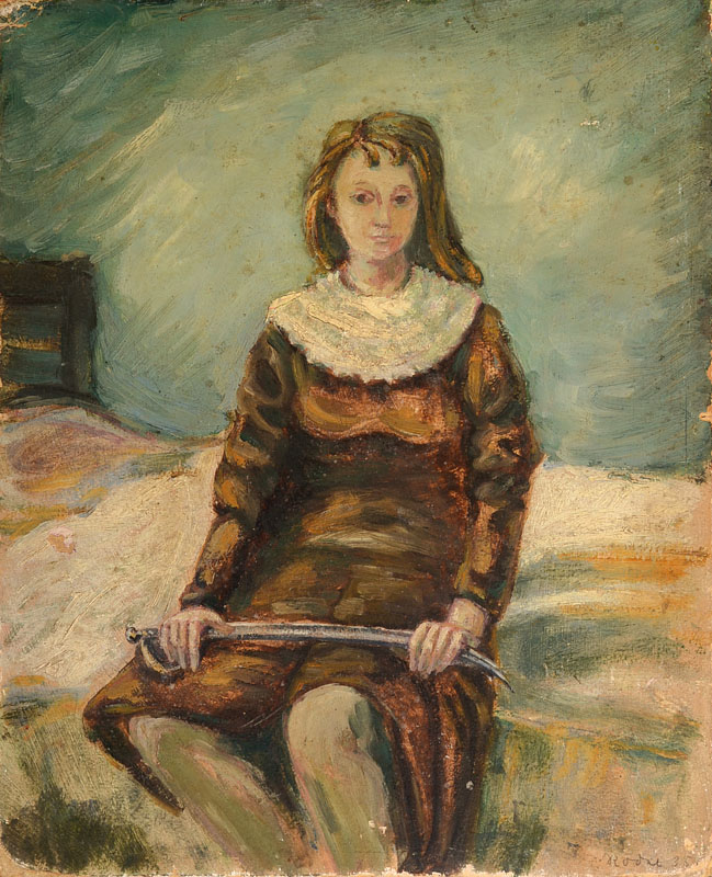 Detail b: Drei Arbeiten von Charlotte Rödel-Voss, Komposition mit Schachtelhalm-Gewächsen, Öl/Platte, ca. 28x53cm; Frau mit Säbel, Öl/Platte, ca. 43x35cm; ...