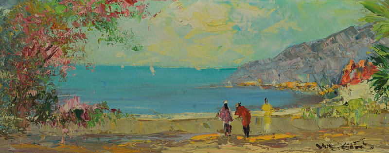 Prof. Walter Prescher van Ed, 1916 Dresden- 1988 Wiesbaden, Südliche Küste, Öl/Lwd, signiert, ca. 20x50cm, Rahmen