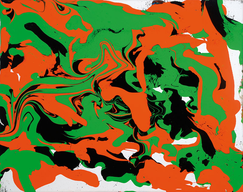 Bronco54, geb. 1954 Neustadt/Wstr., Multiperspektivisch Grün Schwarz Orange, Acryl/Lwd, rückseitig signiert und datiert Oktober 2014, ca. 50x40 cm