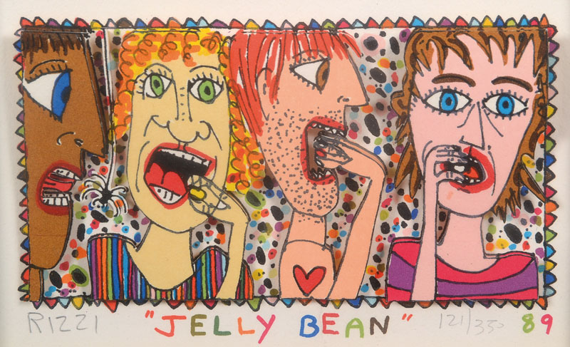 James Rizzi, 1950-2011, 3D-Lithographie, Jelly Bean, signiert und nummeriert 121/350, 89, ca. 8x13 cm, PP, unter Glas gerahmt
