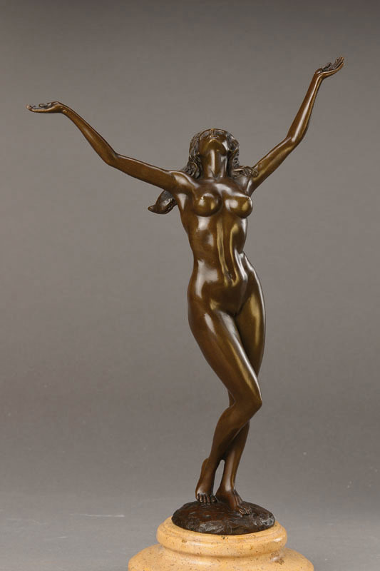 Roy Mondo, zeitgenössischer Künstler, Stilvoller erotischer Akt mit ausgestreckten Armen, Bronze mit Sockel, signiert, H. ca. 36,5 cm