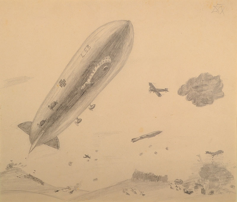-- entfällt -- Otto Dix, 1891-1969, Bleistiftzeichnung, "Zeppelin", oben rechts handsigniert, mit Bugfalte, ca. 30x34,5 cm, unter Glas ...