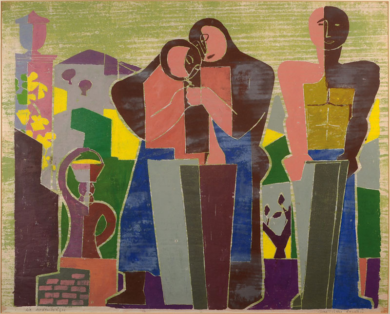 Rolf Müller-Landau, 1903-1997, Die Hottenträger, Monotypie, signiert und betitelt, PP, ca. 44,5x55 cm, unter Glas gerahmt, Glas von innen ...