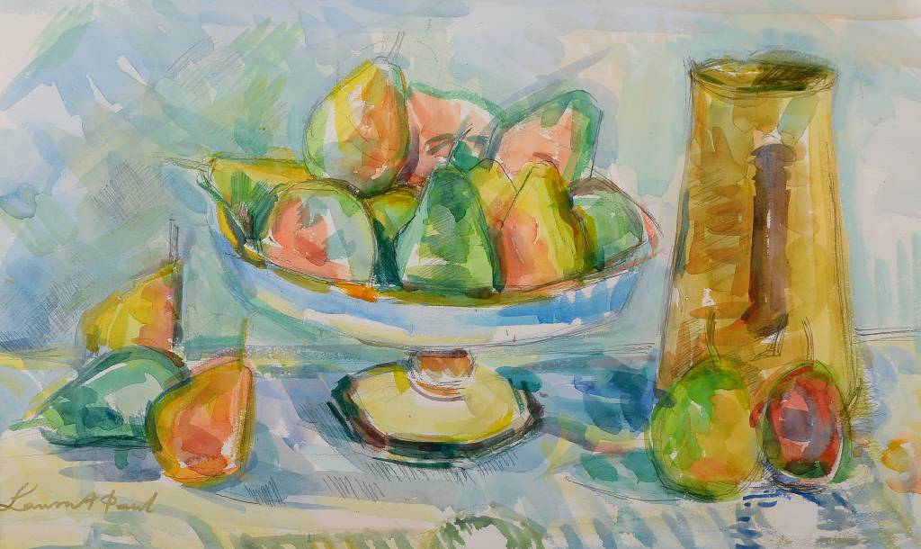 Laumert Peul, zeitgenössischer Künstler, Stillleben mit gelbem Krug, Aquarell/Bleistift auf Papier, rechts unten signiert, ca. 33x54 cm, unter Glas ...