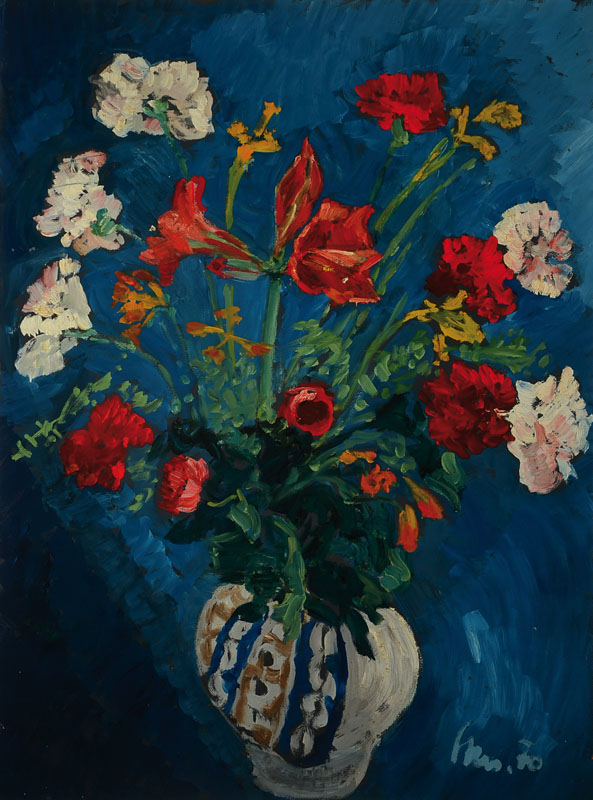 Unbekannter zeitgenössischer Künstler, Blumenstillleben, Öl/Hartfaser, rechts unten unleserlich signiert, datiert 70, ca. 80x60 cm, Rahmen