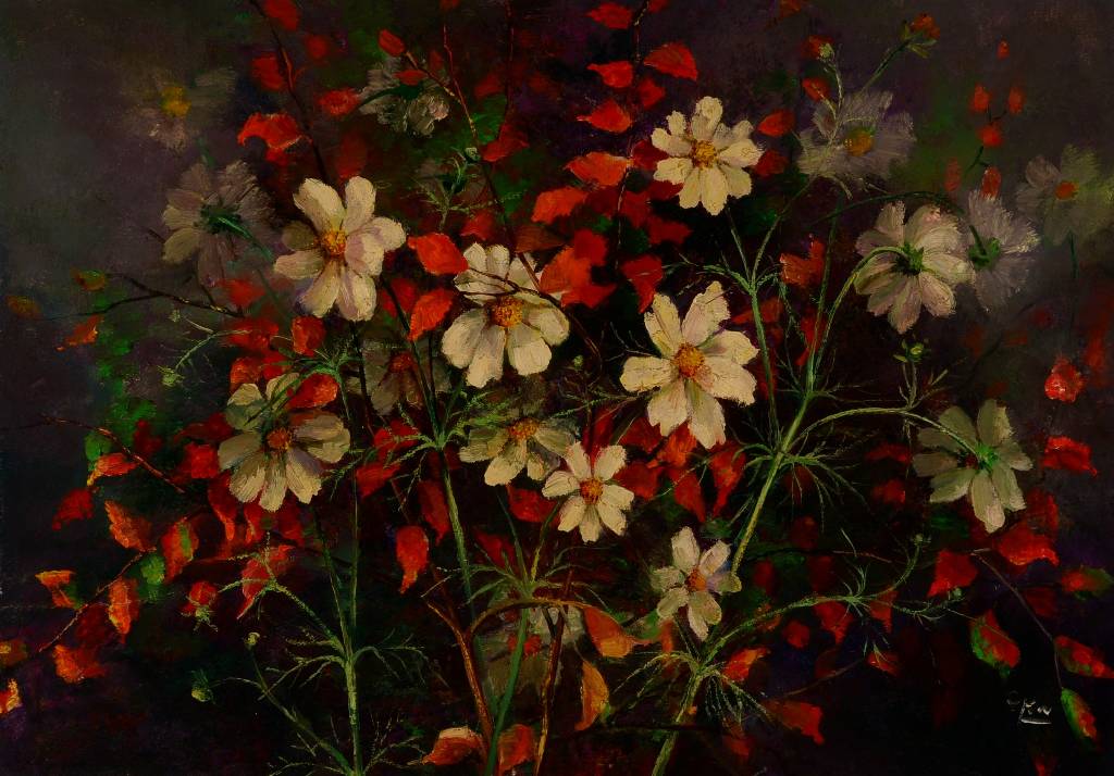 Unbekannter zeitgenössischer Künstler, Blumenstillleben, Öl/Lwd, rechts unten unleserlich signiert, ca. 50x70 cm, Rahmen