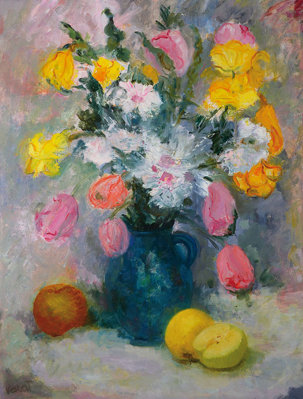 Marie-Claude Valat, französische Künstlerin, Blumenstillleben, Öl/Lwd, links unten signiert, rückseitig signiert, ca. 65x50 cm, Rahmen