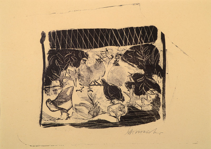 Emil Schumacher, 1912 Hagen-1999 Ibiza, Hühner, Lithographie von 1949, rechts unten mit Bleistift handsigniert, ca. 17x22cm, unter Glas, Rahmen