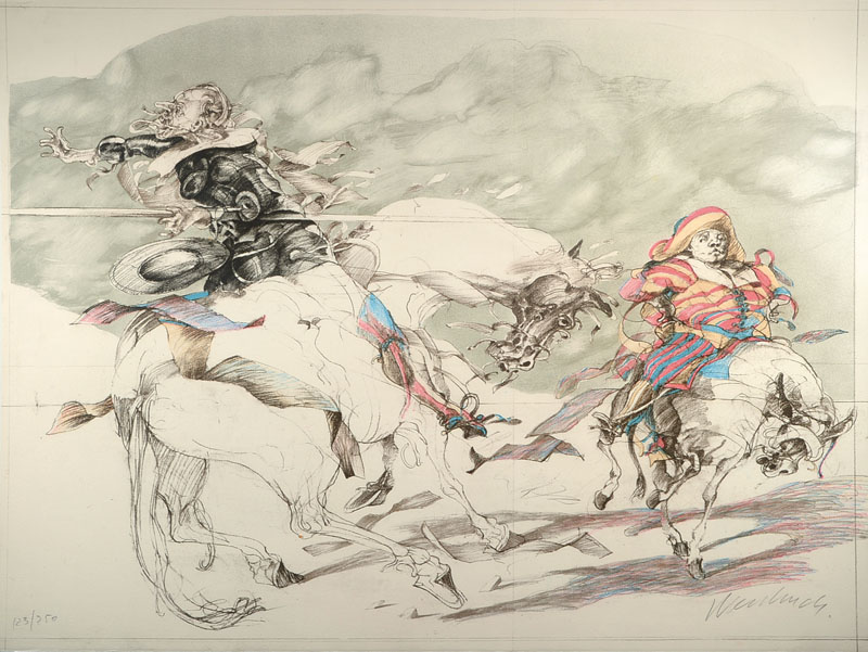 Unbekannter Künstler, 70er Jahre, Don quichotte in grotesker Haltung, Lithographie, partiell koloriert, rechts unten unleserlich signiert, ...
