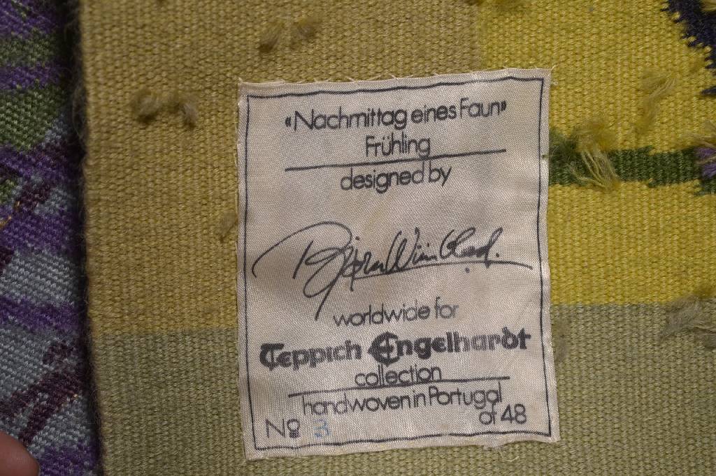 Detail d: Björn Wiinblad, 1918-2006, Wandteppich, Nachmittag eines Faun - Frühling, rückseitig auf Etikett bez. Teppich Engelhardt collection handwoven in ...
