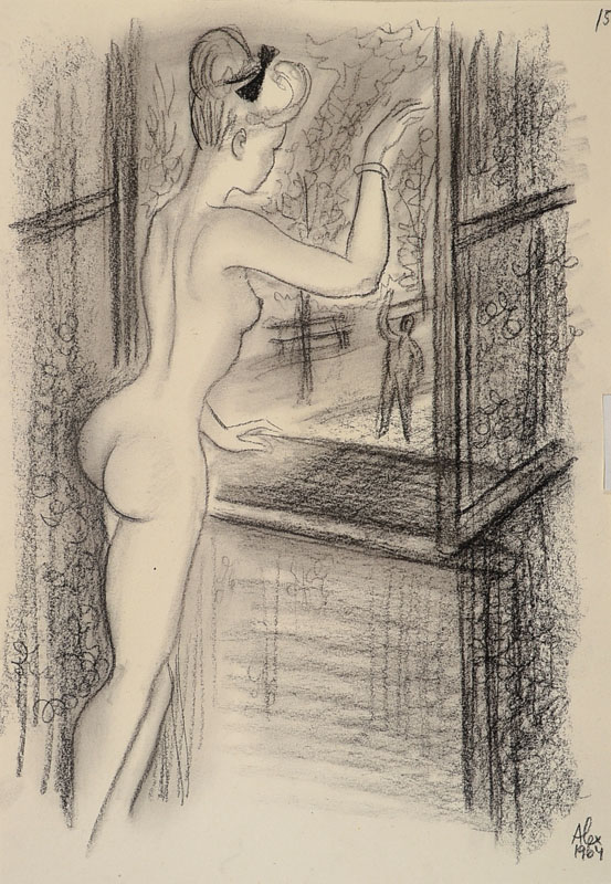 Alexander Szekely, 1901-1940, Kreidezeichnung, "La dolce vita", handsigniert, Alex 1964, ca. 29,5x20,5 cm, PP, Gesamt ca. 50x40 cm
