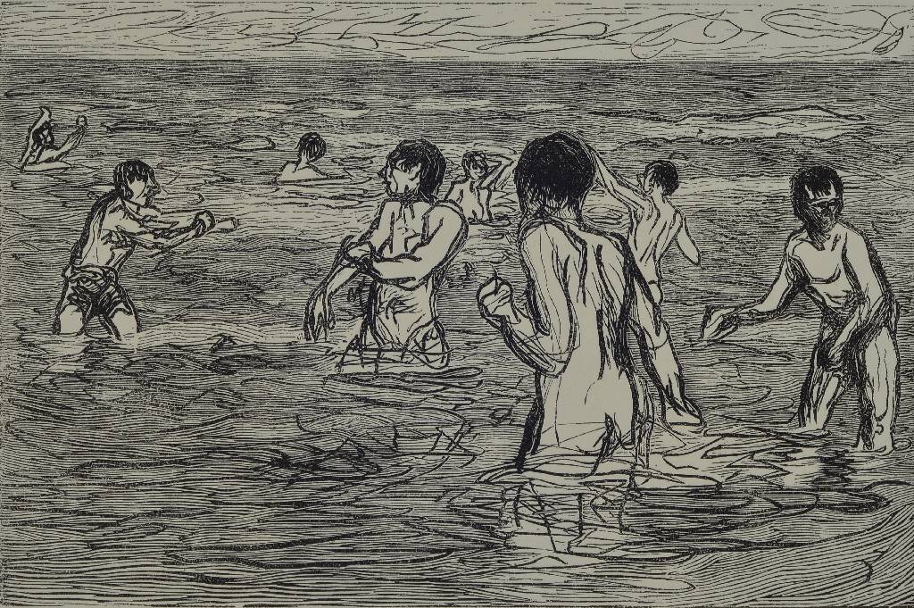 Max Liebermann, 1847-1935, Original Holzschnitt auf Bütten, Titel:"Badende Jungen", ca. 25,5x25 cm, gesamt ca. 50x40 cm, PP