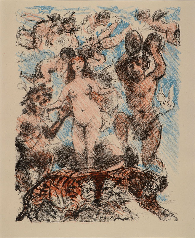 Lovis Corinth, 1858-1925, Original Farblithographie, "Aktdarstellung mit Bacchant, tanzenden Frauen und fliegenden Amoretten", ca. 28x24 ...