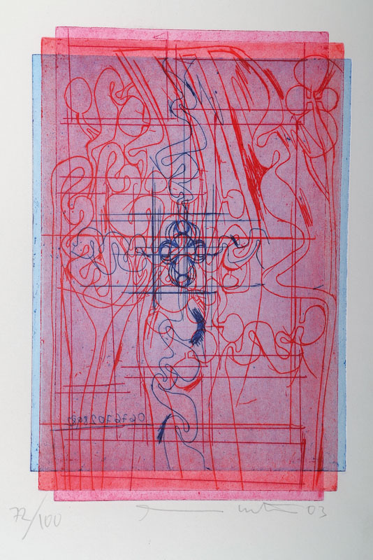 Herrmann Nitsch, geb. 1938, Radierung, signiert und nummeriert 72/100, datiert 03, Platte ca. 25.8x17.5 cm, Blattgr. ca. 38.5x26.5 cm, PP, unter Glas ...