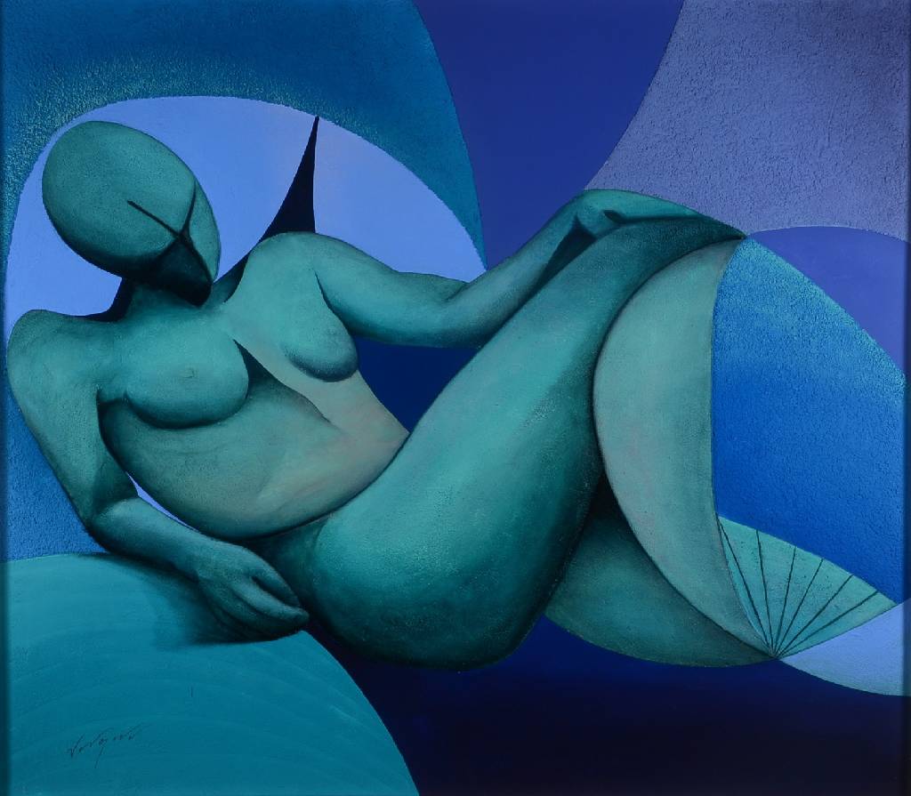 Unbekannter Mexikanischer Künstler, liegender Akt, Öl/Mischtechnik auf Lwd, unten links unleserlich signiert, wohl 1990, ca. 70,5x80 cm, Rahmen