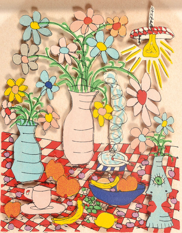 James Rizzi, 1950-2011, 3D-Lithographie, Table Life, singiert und nummeriert 69/99, datiert 1982, betitelt, ca. 13,5x11,5 cm, PP, unter Glas gerahmt