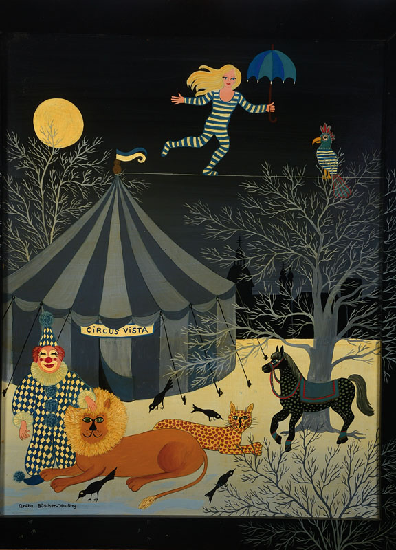 Anita Büscher, zeitgenössische Künstlerin, naive Malerei, links unten signiert, rückseitig bezeichnet: Circusleben, ca. 50x40 cm, Rahmen