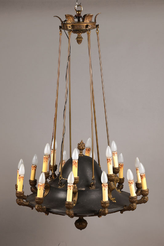 Prunkleuchter, deutsch, um 1910-25, nach dem Vorbild von 1830, Bronze, 18-armig, 18 Brennstellen, Bronzearme in Form von Akanthusblättern, ...