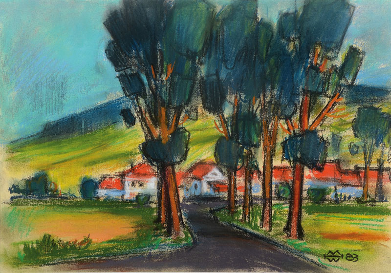 Helmut Müller-Wiehl, 1923-1998, Straße nach Neudingen bei Donaueschingen, Pastellkreide auf Papier, signiert und datiert 83, ca. 29x41cm, PP, unter ...