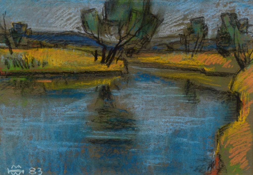 Helmut Müller-Wiehl, 1923-1998, Junge Donau bei Donaueschingen-Pfohren, Pastell auf Papier, signiert und datiert 83, ca. 23x33 cm,PP, unter Glas ...