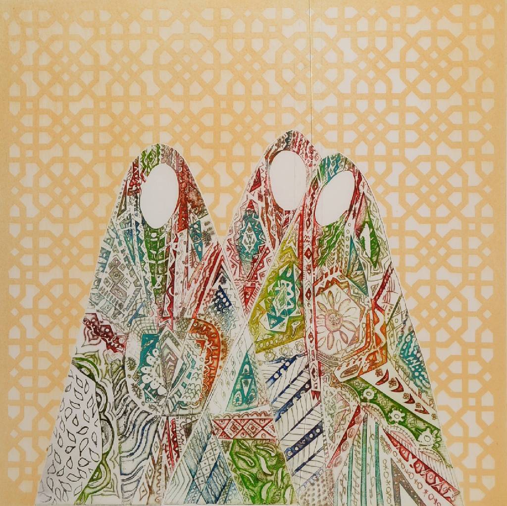 Issam El-Said, 1938-1988, Drei Frauen, Farbaquatintaradierung, handsigniert, num. 83/100, ca. 34x34cm, unter Glas, Rahmen, Glas gesprungen, linke ...