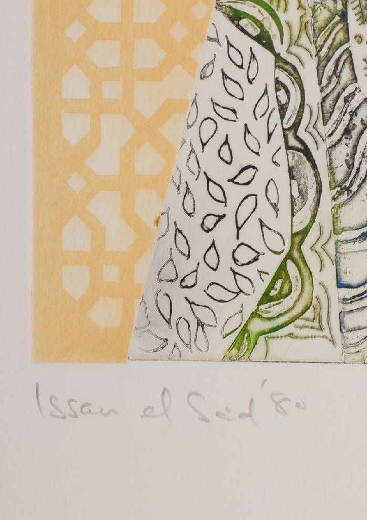 Detail b: Issam El-Said, 1938-1988, Drei Frauen, Farbaquatintaradierung, handsigniert, num. 83/100, ca. 34x34cm, unter Glas, Rahmen, Glas gesprungen, linke ...