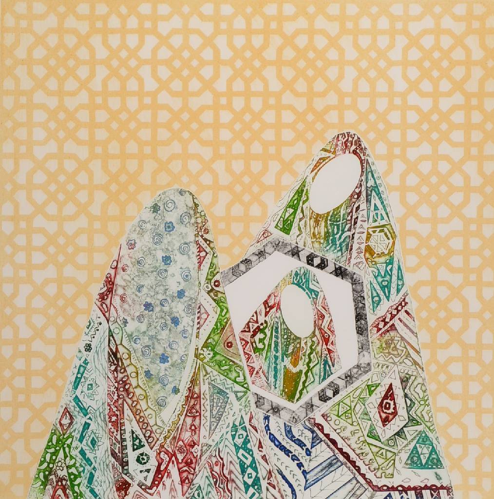 Issam El-Said, 1938-1988, Familie, Farbaquatintaradierung, handsigniert, num. 83/100, ca. 34x34cm, unter Glas, Rahmen, oberer Rand mit Knicken