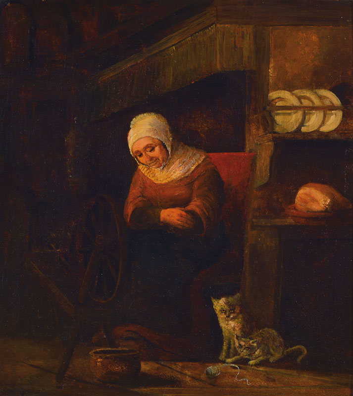 Seipel oder ähnlich, datiert (18)54, altflämisches Interieur mit Bäuerin und spielenden Katzen vor Tellerbord, Öl/Holz, restauriert, signiert und ...