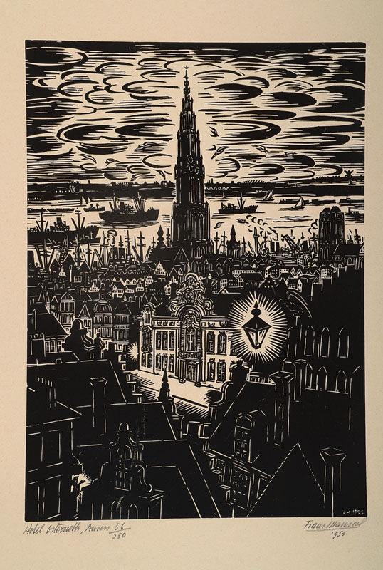 Frans Masereel, 1889-1972, Holzschnitt, Hotel Osterrieht, handsigniert und nummeriert 56/250, datiert 1955 und betitelt, Motiv ca. 45x32 cm, Blattgr. ...