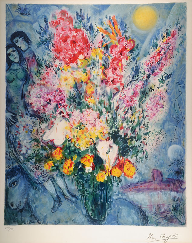 Marc Chagall, 1887-1985, Farblithographie, drucksigniert und nummeriert 228/250, ca. 70x57,5 cm, unter Glas gerahmt